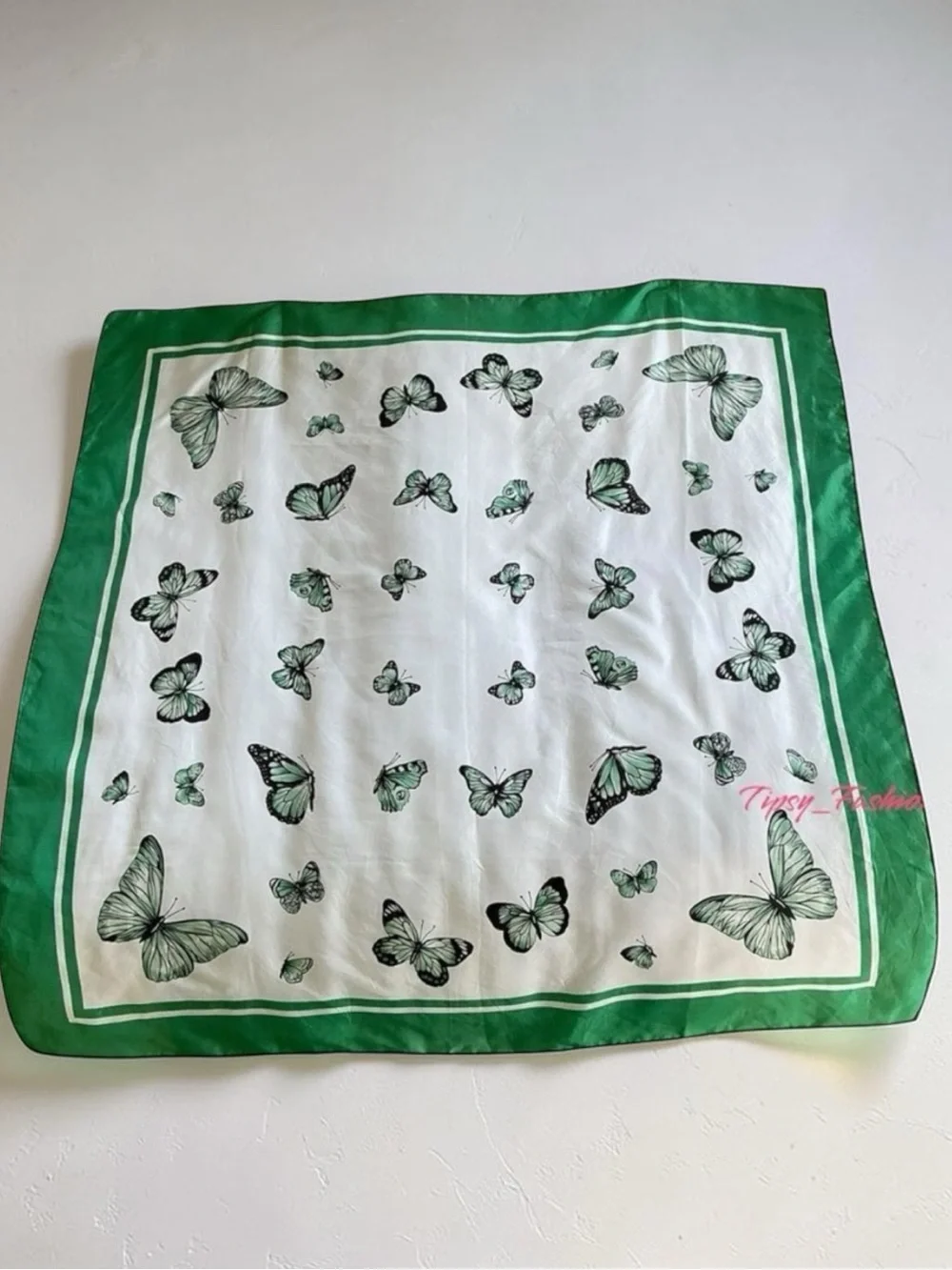 Butterfly Print Square Scarf Green Border 21” Satin Feel Neck Hair Scarf